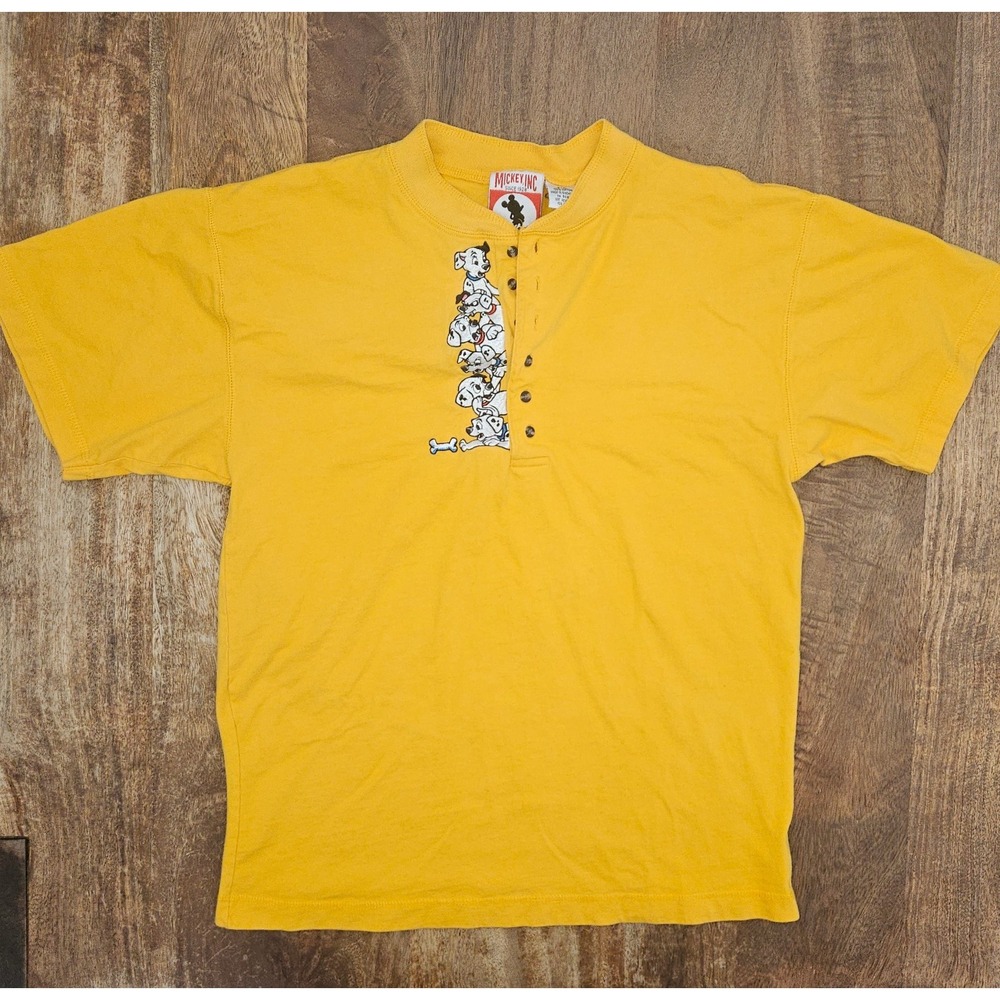 Vtg Mickey Inc 101 Dalmations Henley Shirt Unisex S/M Golden Yellow Rare Disney